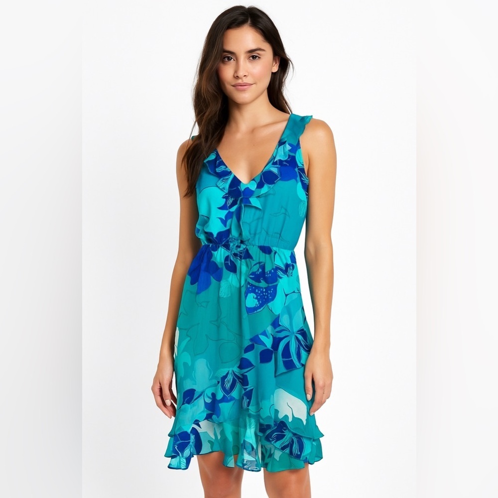 Gianni Bini Teal Tiered Flounce Hem Chiffon Cocktail Dress